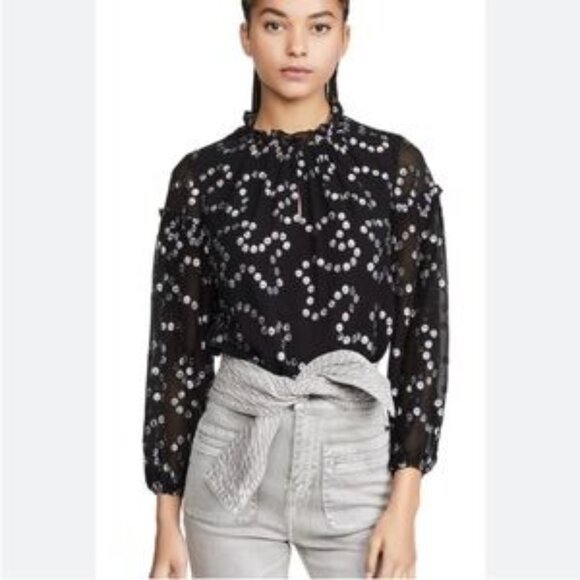 Rebecca Taylor Ruffle Blouse Size 4 Black Silver Metallic Dot Silk Blend Top - Picture 1 of 6
